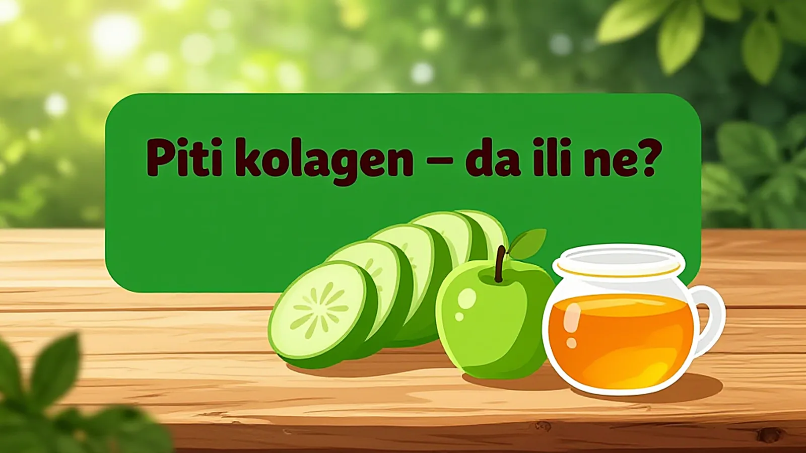 Kašika hidrolizovanog kolagena u prahu pored čaše vode i sveže pomorandže na drvenom stolu